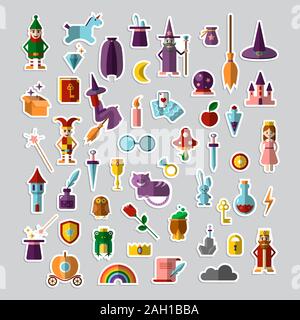 Flat vector set of fabulous magical halloween stickers. Book, magic ball, wizard hat, bottles with elixirs, castle, cauldrons, personages and animals Stock Vector