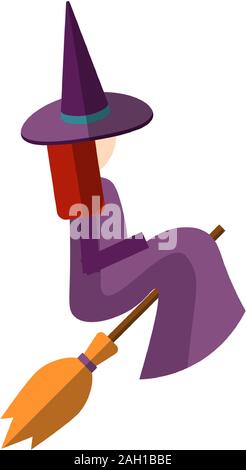 Vector flat illustration of cute witch sitting on a broom, and flying on a broom. Magical flat icon with young woman in dark magenta magic hat, cloak Stock Vector