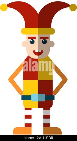 Vector flat icon of the royal jester fool in funny clothes and a hat with bells. Jester fool from royal court or circus, vector flat illustration Stock Vector