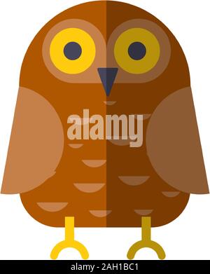 Vector flat owl icon. Vector owl illustration, flat style. Brown forest bird - cartoon flat modern illustration, icon of owl with big yellow eyes and Stock Vector