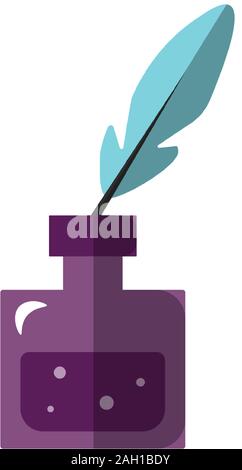 Vector flat ilustration of ink jar with goose feather for writing. Ancient ink feather pen, ink bottle, jar icon. Calligraphy lettering pen inside Stock Vector