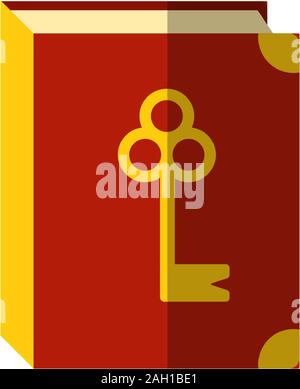 Vector flat and cartoon book icon with metal gold book corners and gold key on a cover, front view. Flat isolated on white background magical fairy Stock Vector
