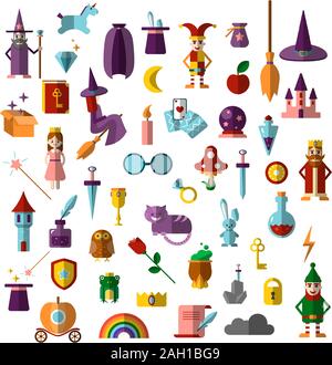 Flat vector set of fabulous magical halloween items. Book, magic ball, wizard hat, bottles with elixirs, castle, cauldrons, personages and animals Stock Vector