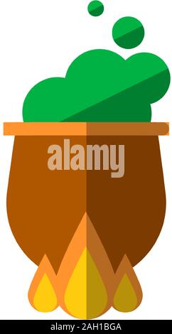 Witch cauldron with bubbling green liquid isolated on white background. Magic potion. Symbol of witchcraft. Dark boiling cauldron on a bonfire Stock Vector
