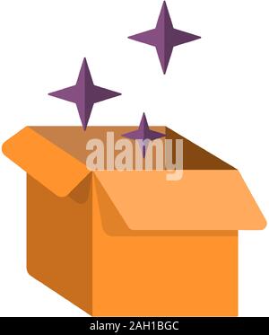 cardboard box vector flat icon with magical sparkles around it. Halloween, birthday vector icon isolated on white background. Cardboard 3d giftbox. Stock Vector