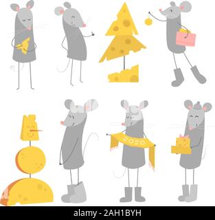 Set of vector characters isolated on white. Symbol of chinese new year 2020. Funny happy smiling mice with gifts, Christmas tree, snowman made of Stock Vector