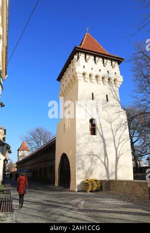 Winter sunshine on the medieval Potters Tower in the City Wall in Sibiu's Old Town, in Transylvania, Romania