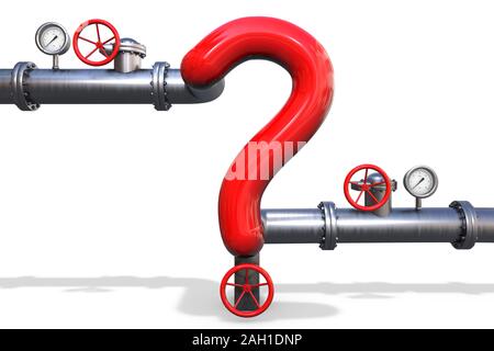 3D illustration: Steel gas pipe in the shape of a red question mark with the valve and pressure gauge on white background. Problems of construction Stock Photo