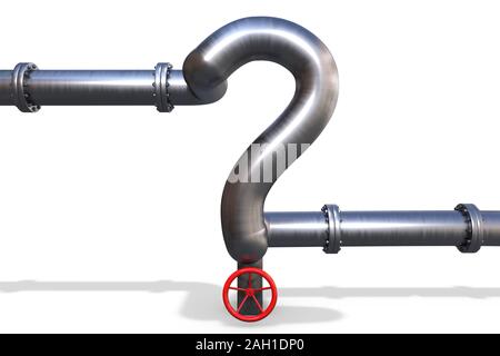 3D illustration: Steel gas pipe in the shape of a question mark with the red valve on white background. Problems of construction of pipeline Stock Photo