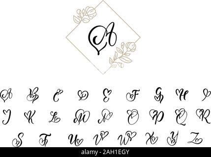 Handwritten heart calligraphy monogram alphabet. Valentine Cursive font with flourishes heart font. Cute Isolated letters. For postcard or poster