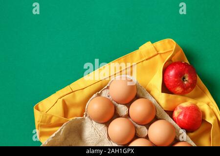 Concept of zero waste and caring for environment. Package free food shopping. Eco friendly natural bag with organic fruits. Plastic free items. Reuse, Stock Photo
