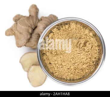 Some Powdered Ginger isolated on white (selective focus) Stock Photo