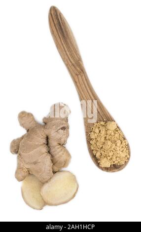 Some Powdered Ginger isolated on white (selective focus) Stock Photo