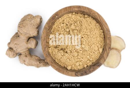 Some Powdered Ginger isolated on white (selective focus) Stock Photo