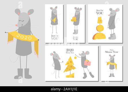 Set of vector New Year greeting cards templates with funny happy smiling cartoon mice. Symbol of chinese new year 2020. Banner, poster concept. Mouse Stock Vector