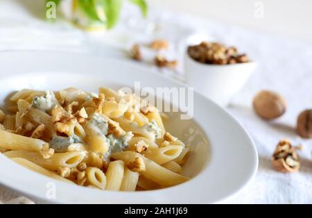 Concept of italian food. Close-up of penne pasta with gorgonzola cheese and walnuts on white plate. Stock Photo