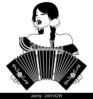 Beautiful latin girl wearing Mexican hat, singing and playing the accordion Stock Vector