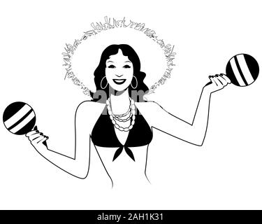 Beautiful latin girl playing maracas isolated on white background. Retro style Stock Vector