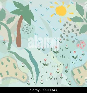 Cute seamless background with palms, field, sun, grass. Cute childish abstract design. Vector Illustration Stock Vector