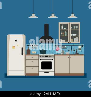 Kitchen interior with furniture and equipment. Vector retro illustration of kitchen in flat style. Stock Vector