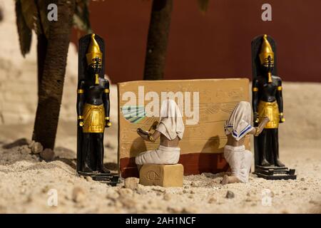 Nativity scene showing the village of Bethlehem with details from the ...