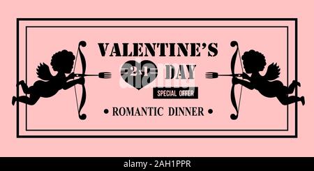 Valentines Day coupon Special Offer card with Silhouettes of Cupid with a fork. Romantic dinner illustration for restaurant. Pink background Stock Vector