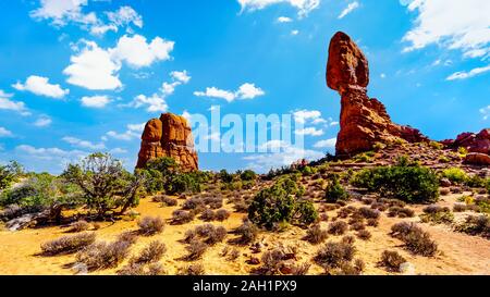 Balanced Rock and other Sandstone Formations along the Arches Scenic Drive in Arches National Park near Moab, Utah, United States Stock Photo