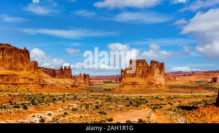 The Organ, the Three Gossips and other Sandstone Formations along the Arches Scenic Drive in Arches National Park near Moab, Utah, United States Stock Photo