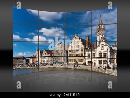 View from the Korenlei over the river Lys to the historic houses of Graslei, Ghent, Belgium, Europe Stock Photo