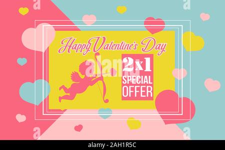 Happy Valentines day retro sale background with Cupid and pink blue yellow hearts. Vector illustration.Wallpaper.Flyers,invitation,brochure,banners Stock Vector