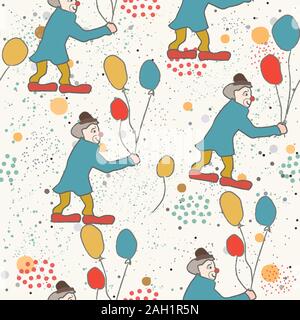 Hand Drawn Seamless Pattern with clown and balloons.Great for wedding cards, postcards, t-shirts, bridal invitations, brochures, posters, wall art, wa Stock Vector