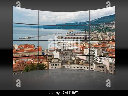 A curved wall. 16 small pictures give a whole picture. View of the harbor and the city of Trieste, Friuli-Venezia Giulia, Italy, Europe Stock Photo