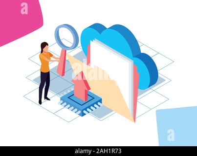 big data colorful design with woman with folder and cloud storage Stock Vector