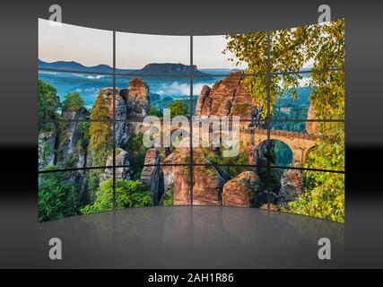 View from Ferdinand stone to the spectacular rock formation Bastei (Bastion) and Bastei Bridge, Saxony, Germany, Europe Stock Photo