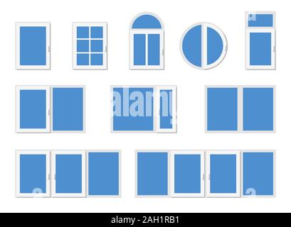 Windows with white frames. Set of different design modern windows. Stock Vector