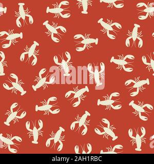 Crawfish seamless pattern. Flat illustration of white lobsters on red background. Stock Vector