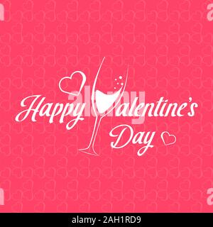 Happy Valentine's Day hand lettering typography card. Handwritten calligraphy text with glass champagne, hearts and pink background Stock Vector