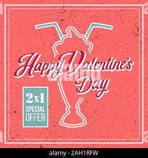 Valentines Day special offer for romantic date concept. Illustration of pink strawberry ice cream milkshake with two straws. Hand Lettering Stock Vector