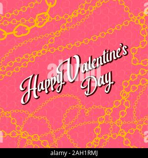 Happy Valentine's Day hand lettering typography card with heart yellow chains background. Classic quote for invitations, banners Stock Vector