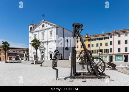 Exhibition of the machines used to build the fortress of Palmanova, Piazza Grande, Palmanova, Friuli Venezia Giulia, Italy Stock Photo