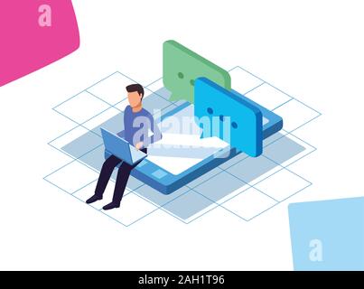 man using a laptop on smartphone device with speech bubbles Stock Vector