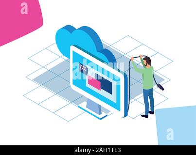 big data design with computer and man standing Stock Vector