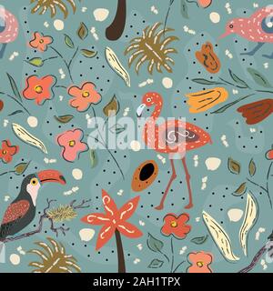 Flamingo, Toucan and kiwi bird. Exotic Bird Seamless Pattern. Vector illustration Stock Vector