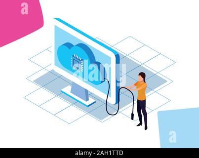 avatar woman standing with computer with cloud storage Stock Vector