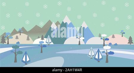 Winter Snowy Landscape with hills, trees and mountains. Suburban Buildings in Winter Landscape. Flat Vector Illustration. Modern Rural Area Stock Vector