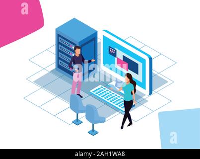 big data colorful design with data servers and man and woman with big computer Stock Vector