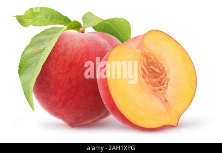 One whole peach fruit and one half isolated on white background with clipping path Stock Photo