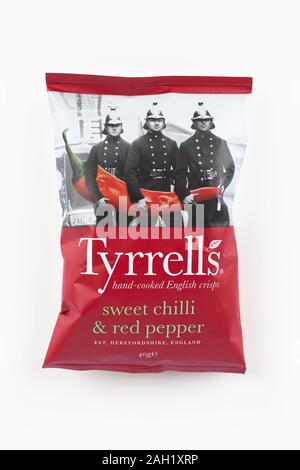 A packet of Tyrrells crisps shot on a white background. Stock Photo