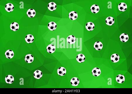 Colorful zine style retro falling football soccer balls on a green geometric background Stock Photo