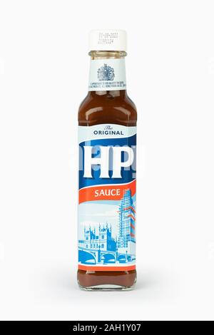 A bottle of HP Sauce shot on a white background. Stock Photo